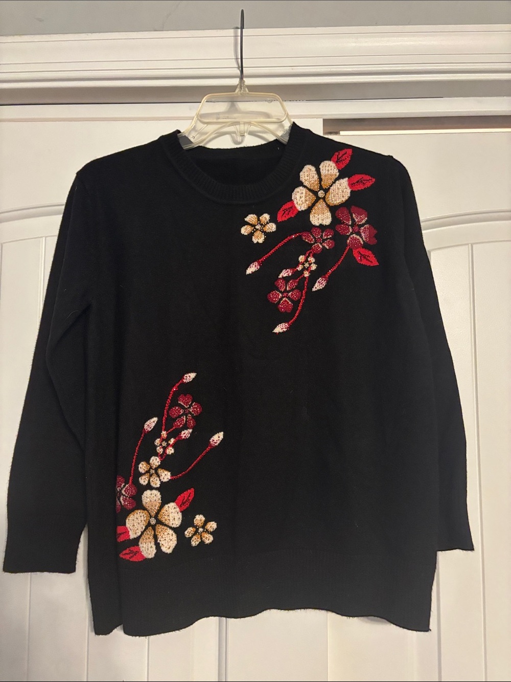 Black Floral Embroidered Crewneck Sweater - Women's